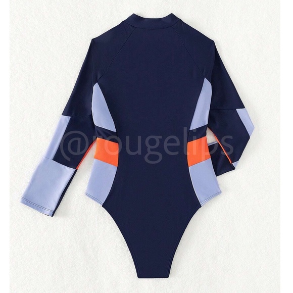 Colorblock Navy, Light Blue and Orange One Piece Swimsuit Zipper Long Sleeve - Picture 9 of 10